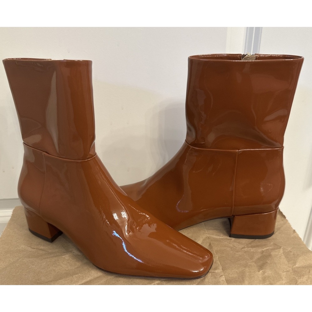 Tamara Mellon Wmn Sze 6 Lennox Patent Leather Block Heel Ankle Boots Toast Cuero